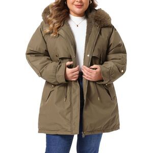 Women Plus Size Drawstring Waist Detachable Hood Trench Coat Coffee